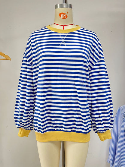 Striped Color-Block Long-Sleeve Top - Multi-Color Casual Women's T-Shirt