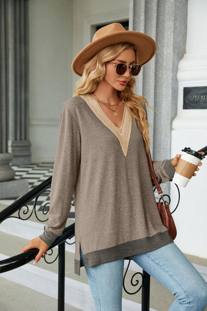 Lace-Embellished V-Neck Top - Multi-Colored Long-Sleeve Women's T-Shirt