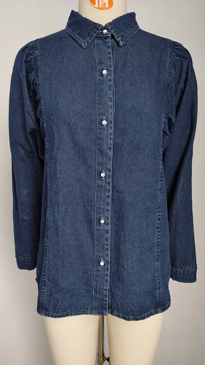 Puff-Sleeve Denim Shirt - Women's Vintage Long-Sleeve Outerwear