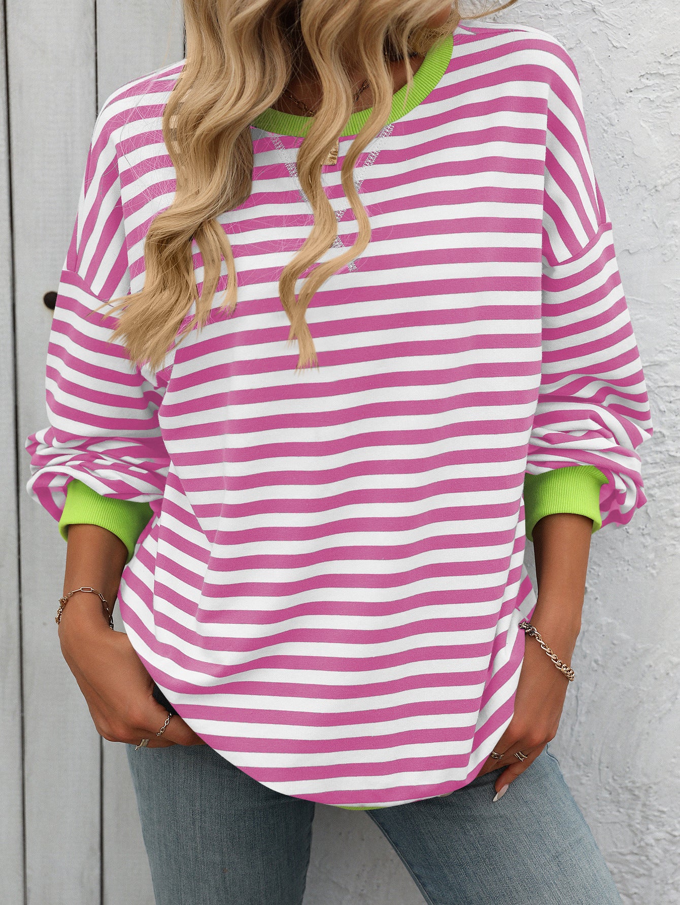 Striped Color-Block Sweatshirt - Multi-Color Loose-Fit Women's T - Shirt