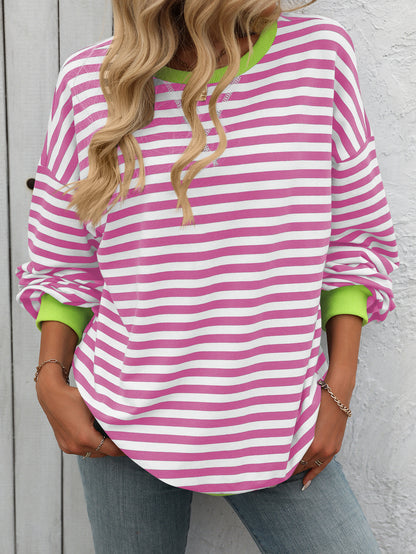 Striped Color-Block Sweatshirt - Multi-Color Loose-Fit Women's T - Shirt