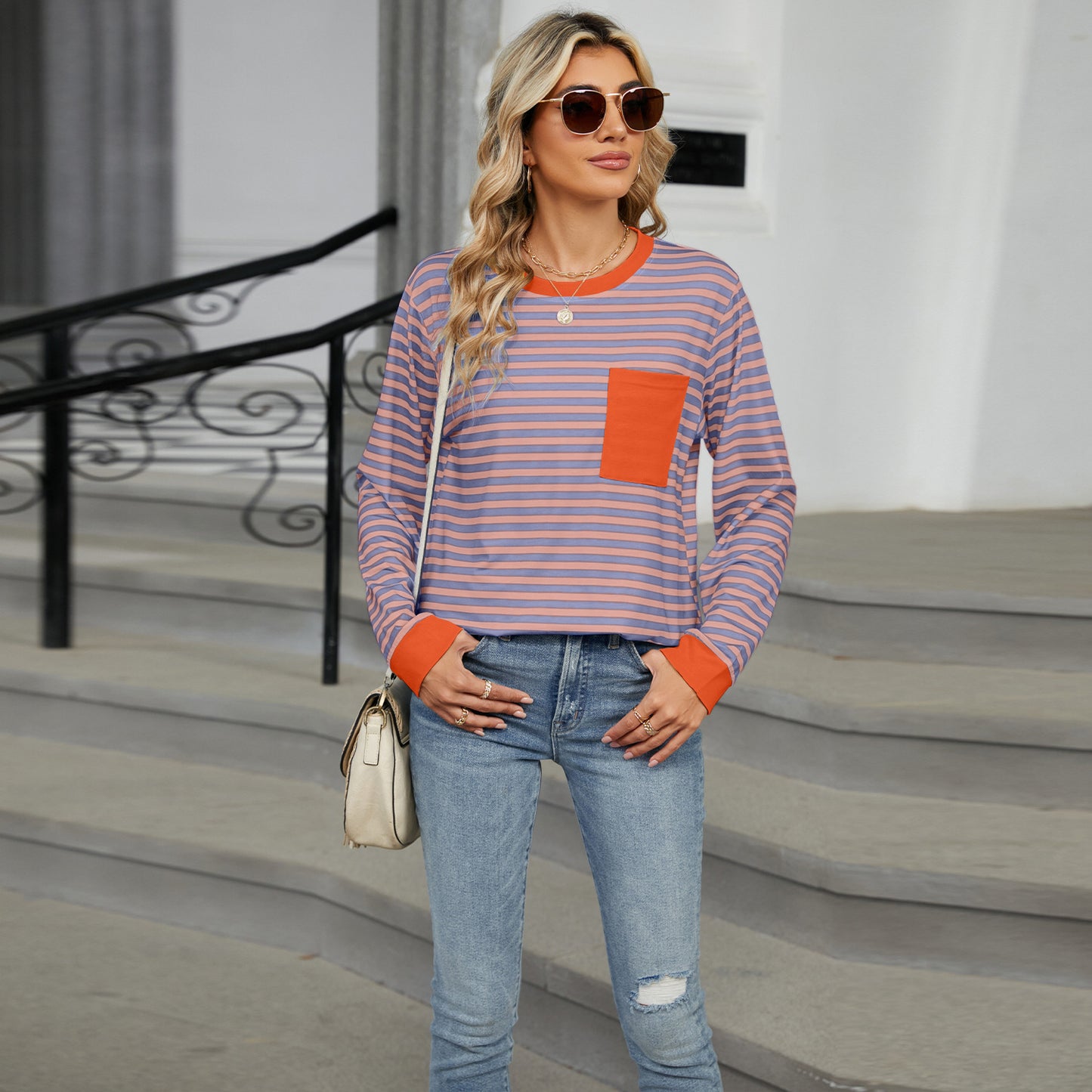Striped Color-Block Pocket Long-Sleeve Top - Multi-Color Casual Women's T-Shirt