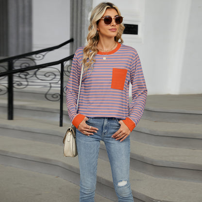 Striped Color-Block Pocket Long-Sleeve Top - Multi-Color Casual Women's T-Shirt