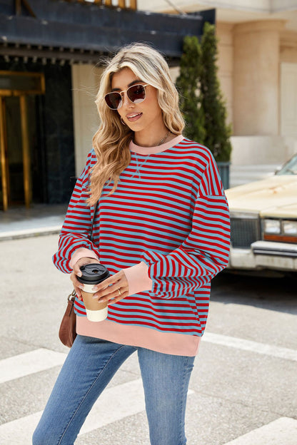 Striped Color-Block Long-Sleeve Top - Multi-Color Casual Women's T-Shirt