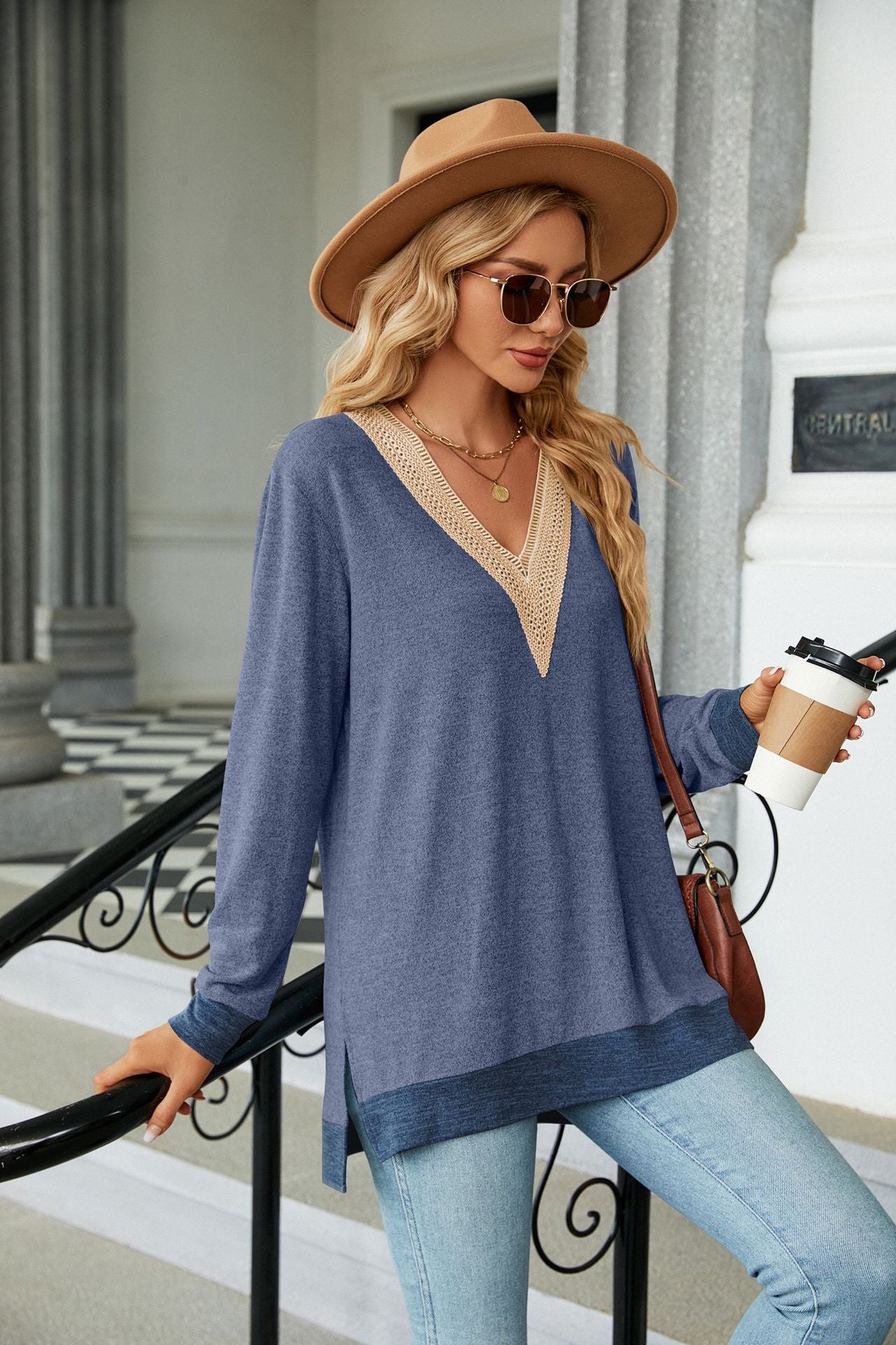 Lace-Embellished V-Neck Top - Multi-Colored Long-Sleeve Women's T-Shirt