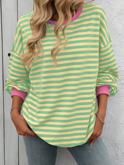 Striped Color-Block Sweatshirt - Multi-Color Loose-Fit Women's T - Shirt