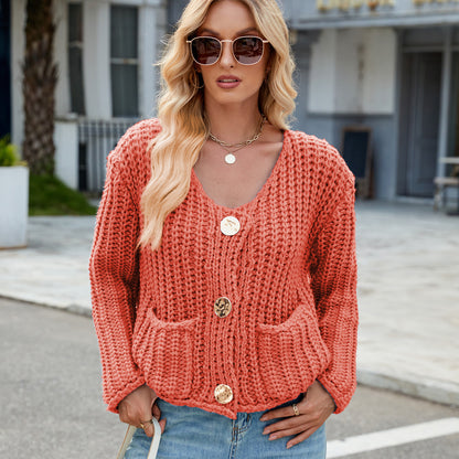 Chunky Knit Cardigan - Short Women's Knitwear with Gold Buttons