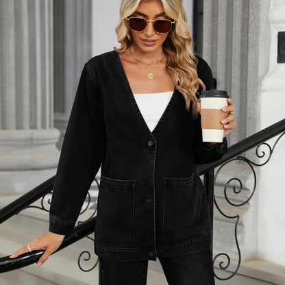 Denim Blazer - Multi-Color Buttonless Women's Outerwear