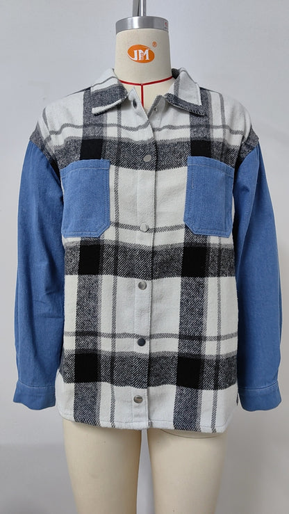 Plaid Patchwork Denim Shirt - Women's Loose Long-Sleeve Outerwear