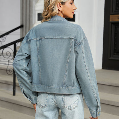 Pearl-Embellished Denim Jacket - Light Blue Women's Outerwear