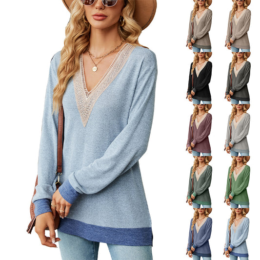 Lace-Embellished V-Neck Top - Multi-Colored Long-Sleeve Women's T-Shirt
