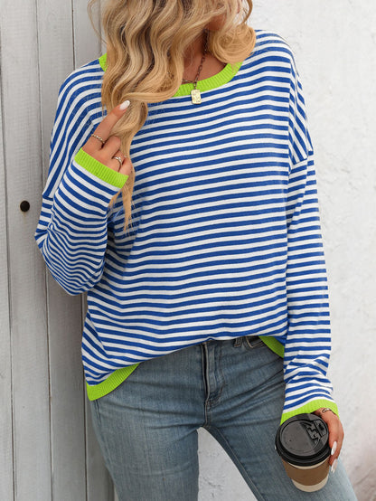 Pinstriped Color-Block Top - Multi-Color Loose-Fit Women's T-Shirt