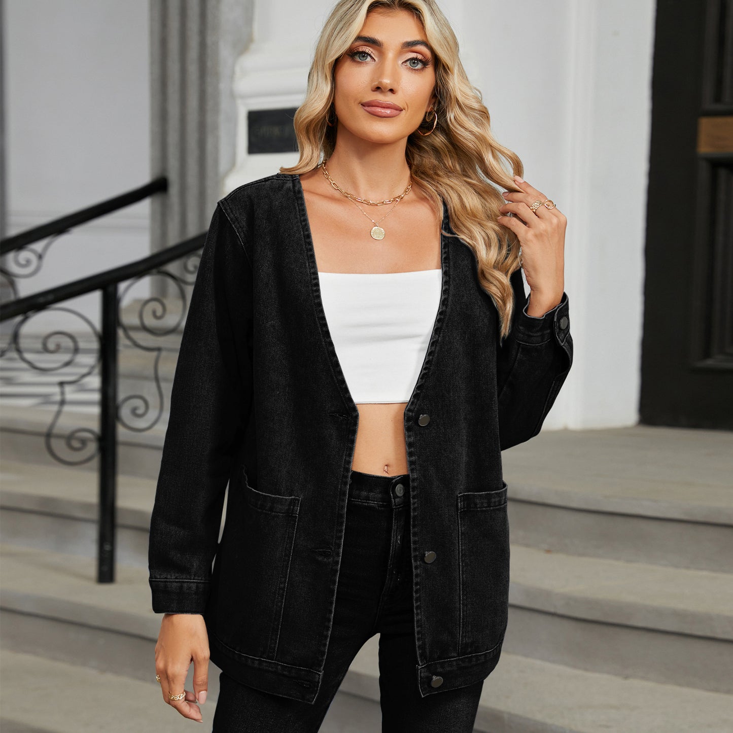 Denim Blazer - Multi-Color Buttonless Women's Outerwear