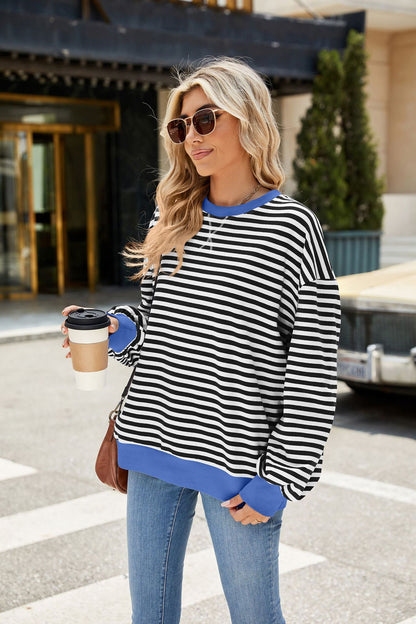Striped Color-Block Long-Sleeve Top - Multi-Color Casual Women's T-Shirt