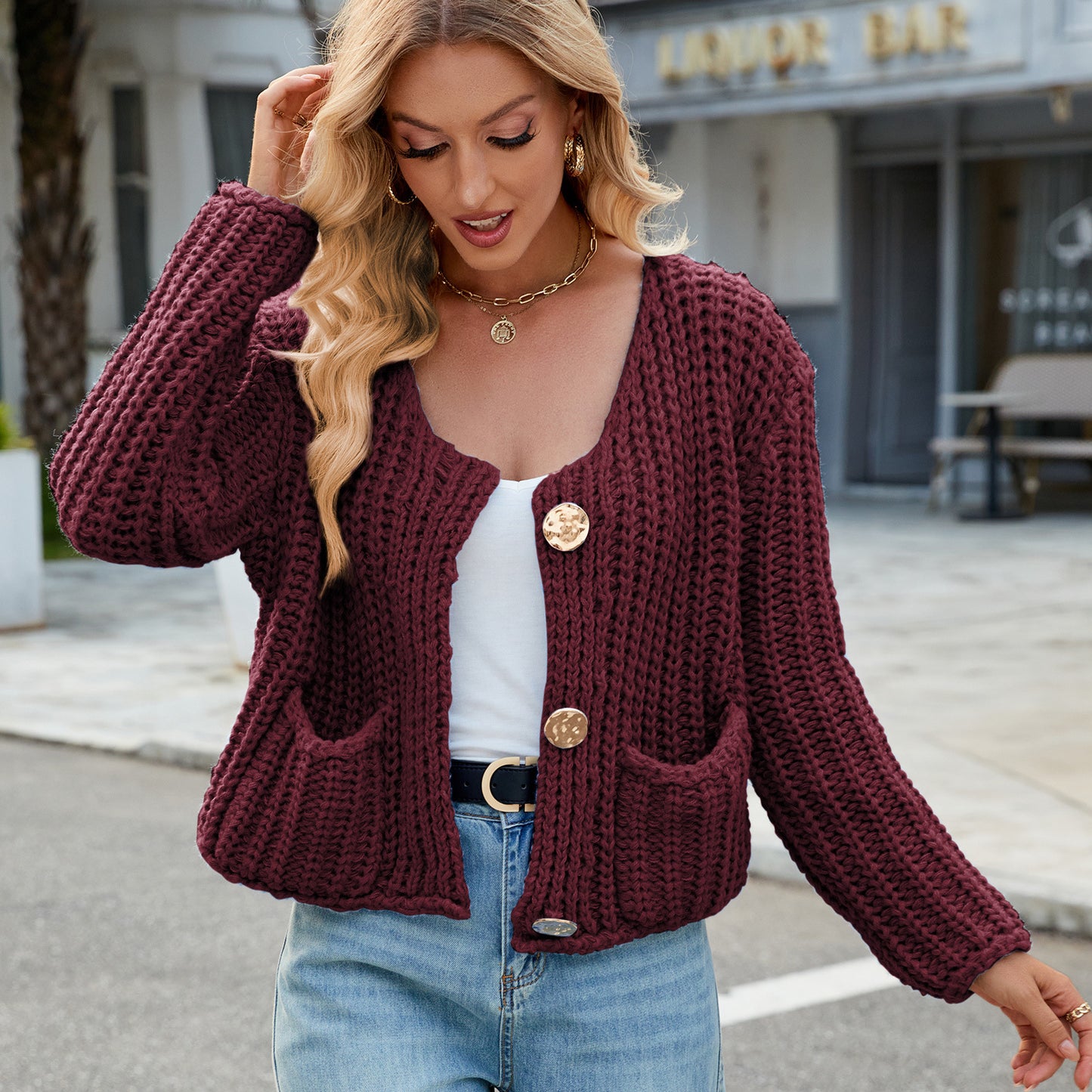 Chunky Knit Cardigan - Short Women's Knitwear with Gold Buttons