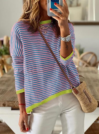 Pinstriped Color-Block Top - Multi-Color Loose-Fit Women's T-Shirt