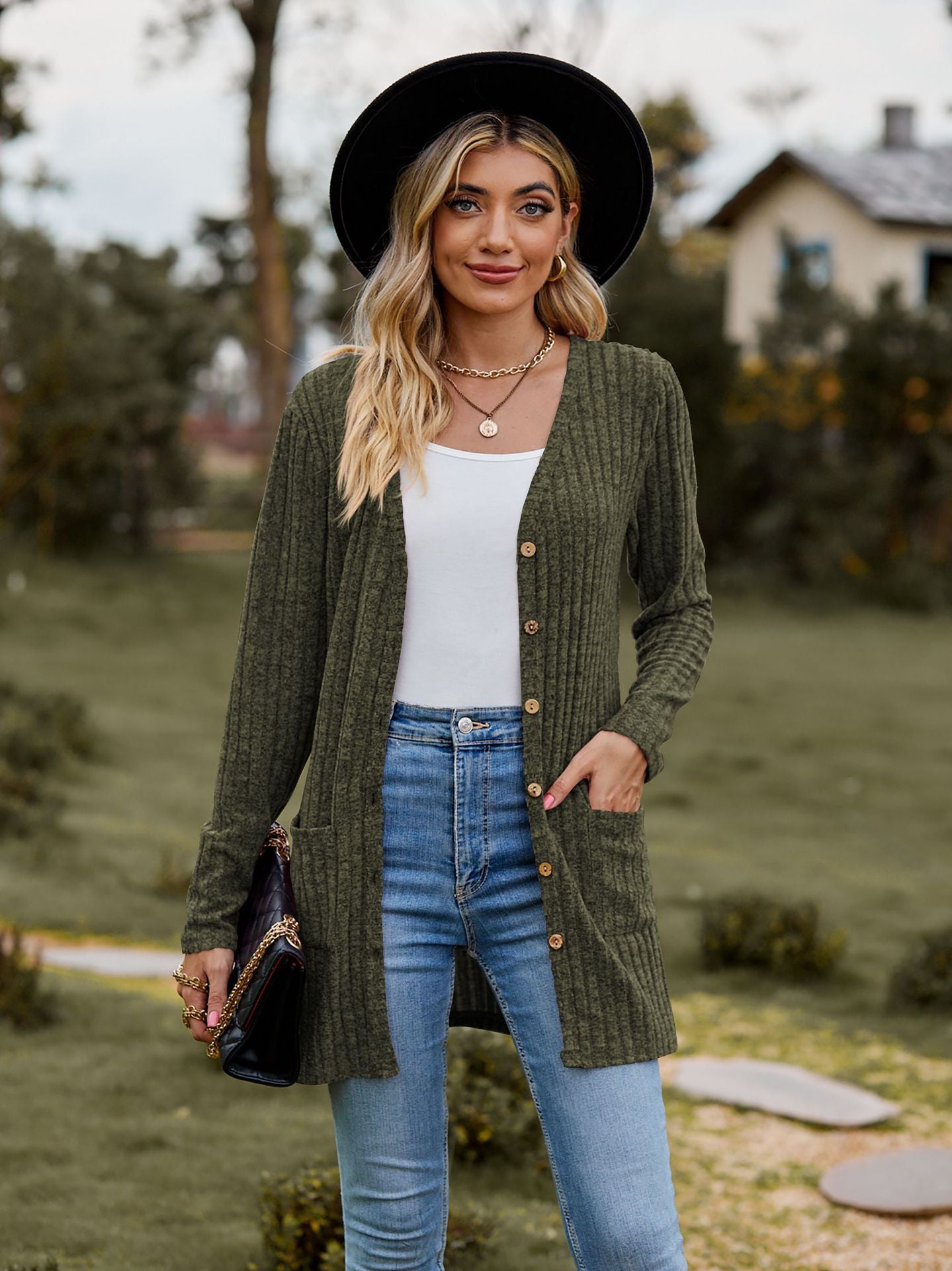 Rib - Knit Cardigan - Multi - Color Long Women's Knitwear