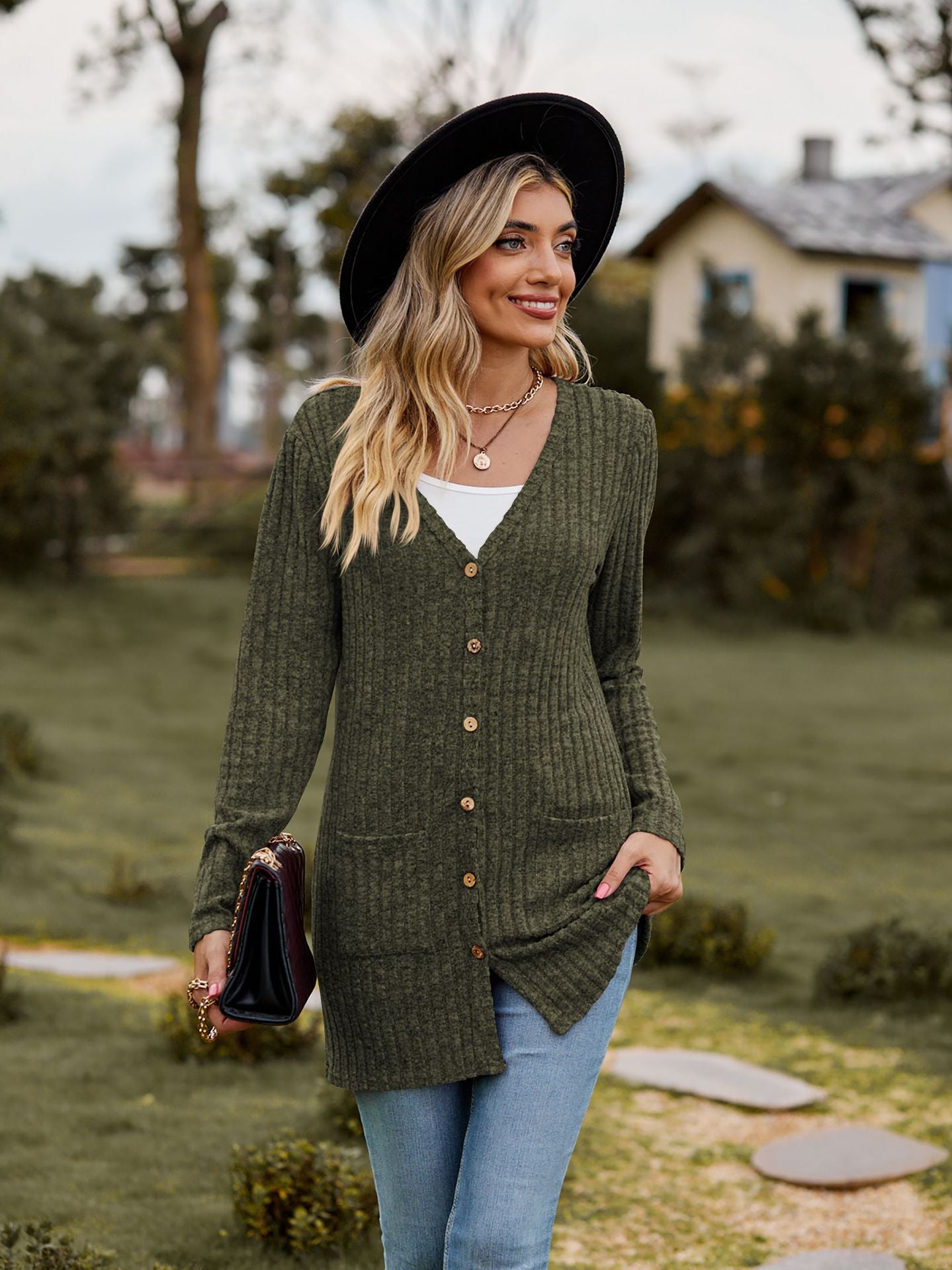 Rib - Knit Cardigan - Multi - Color Long Women's Knitwear