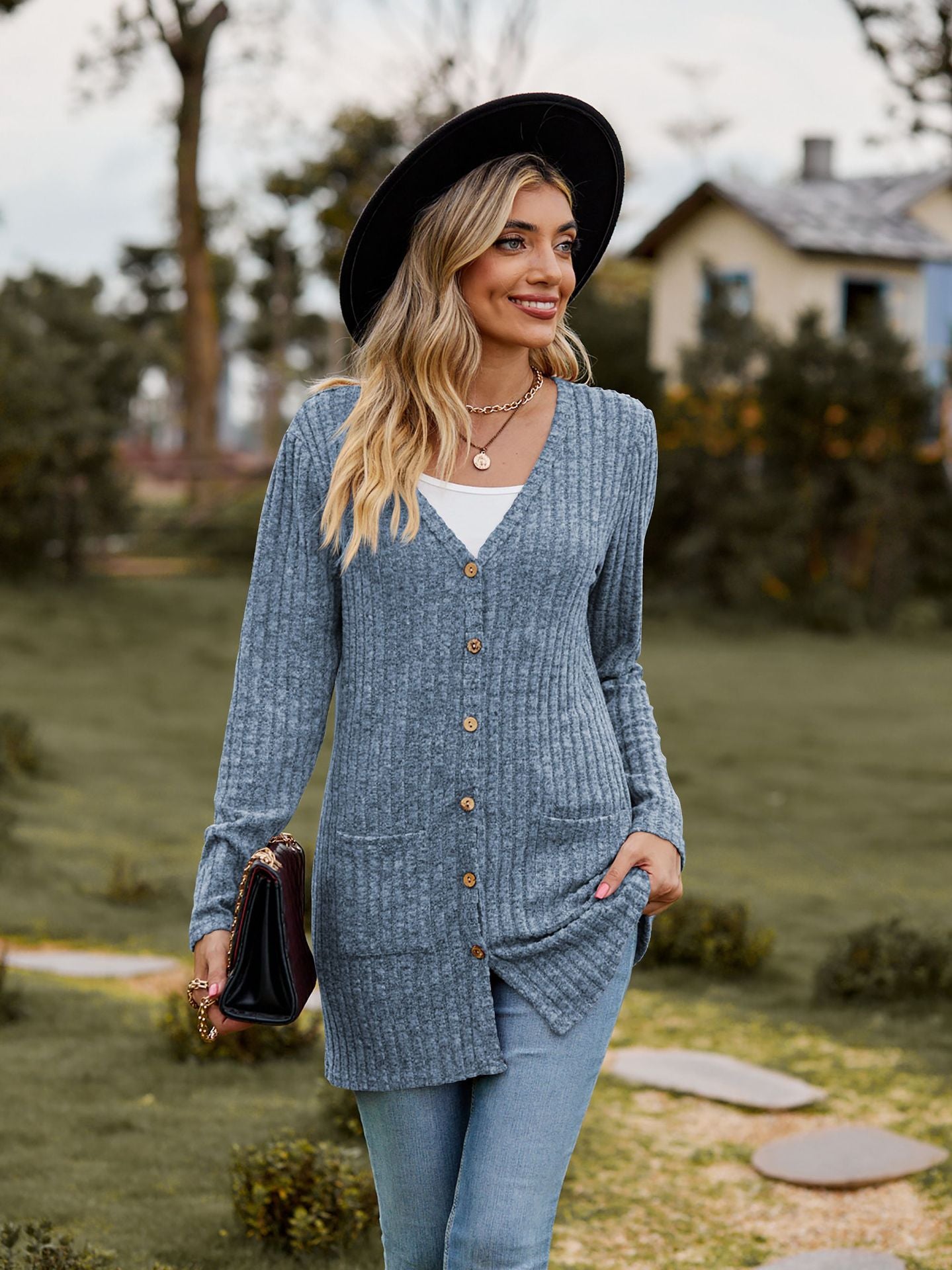 Rib - Knit Cardigan - Multi - Color Long Women's Knitwear