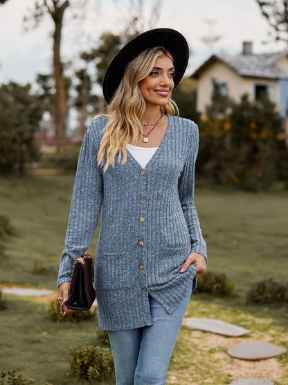 Rib - Knit Cardigan - Multi - Color Long Women's Knitwear