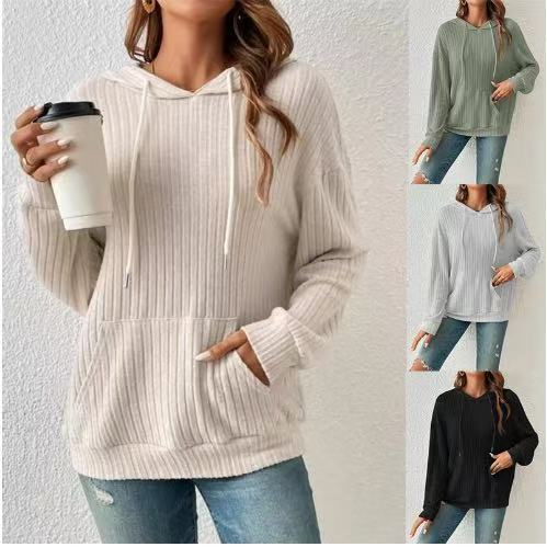 Rib - Knit Hoodie - Multi - Color Casual Women's Top（Sweatshirt）