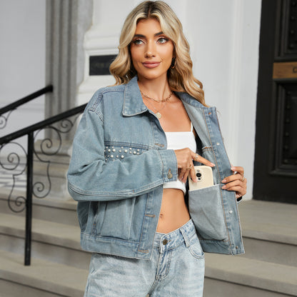 Pearl-Embellished Denim Jacket - Light Blue Women's Outerwear