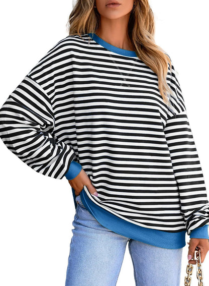 Striped Color-Block Sweatshirt - Multi-Color Loose-Fit Women's T - Shirt