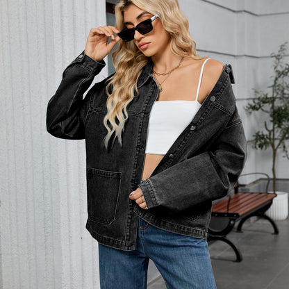 Cargo-Style Denim Outerwear - Women's Loose Multi-Pocket Jacket
