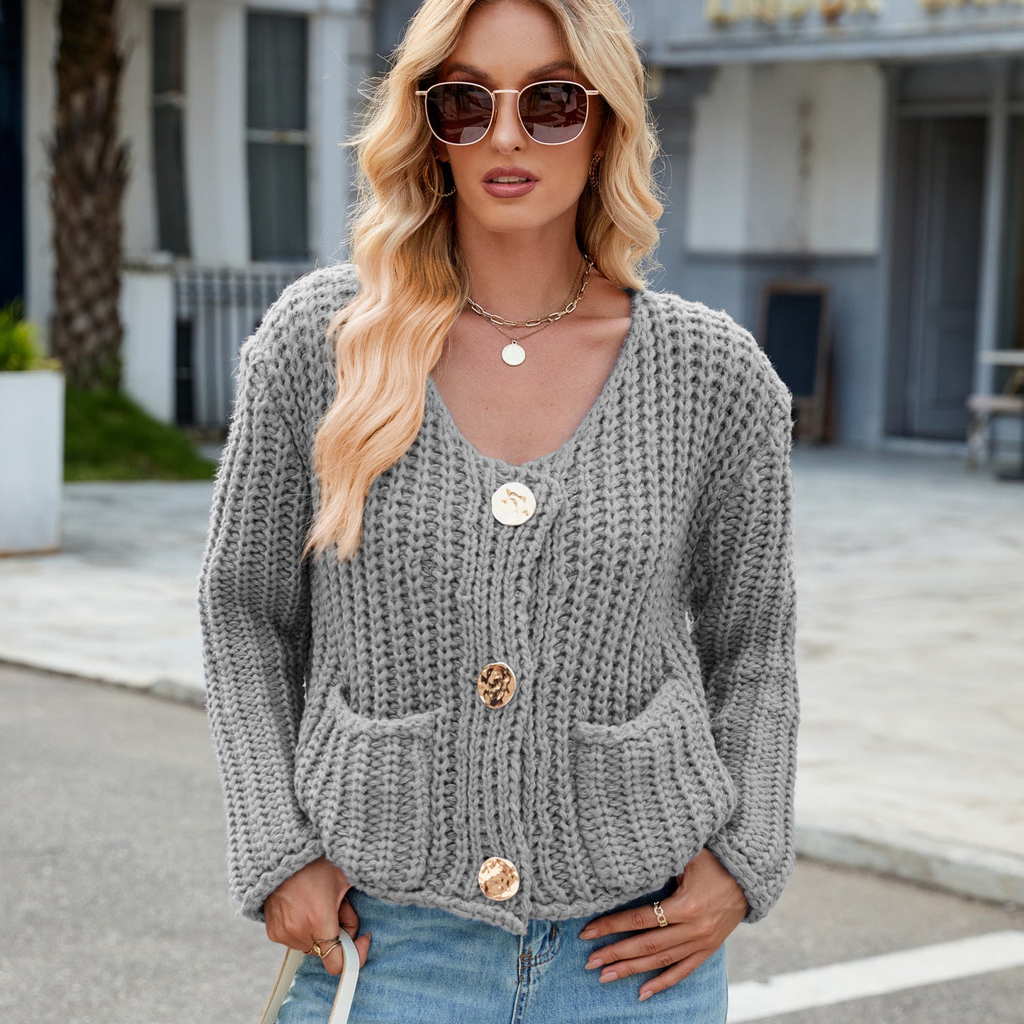 Chunky Knit Cardigan - Short Women's Knitwear with Gold Buttons
