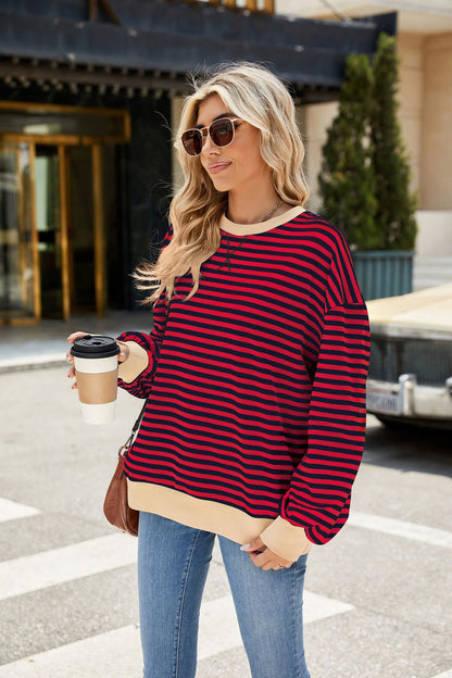 Striped Color-Block Long-Sleeve Top - Multi-Color Casual Women's T-Shirt