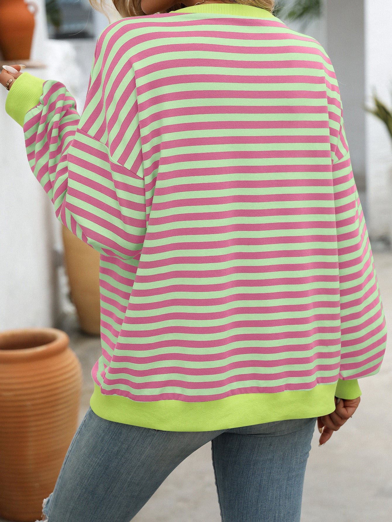 Striped Color-Block Sweatshirt - Multi-Color Loose-Fit Women's T - Shirt
