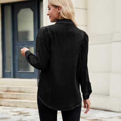 Puff-Sleeve Denim Shirt - Women's Vintage Long-Sleeve Outerwear