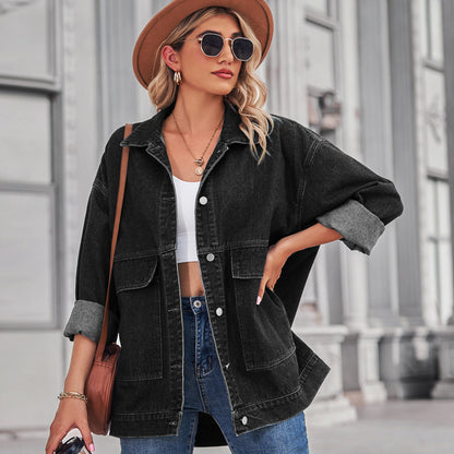 Square-Pocket Cargo Denim Jacket - Loose Women's Outerwear