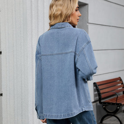 Cargo-Style Denim Outerwear - Women's Loose Multi-Pocket Jacket