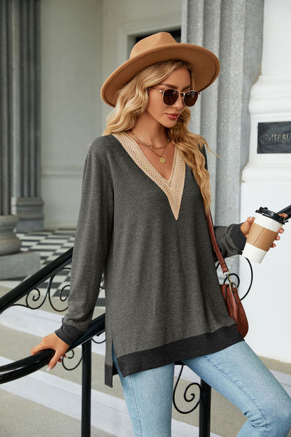 Lace-Embellished V-Neck Top - Multi-Colored Long-Sleeve Women's T-Shirt