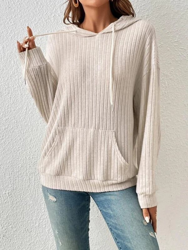 Rib - Knit Hoodie - Multi - Color Casual Women's Top（Sweatshirt）