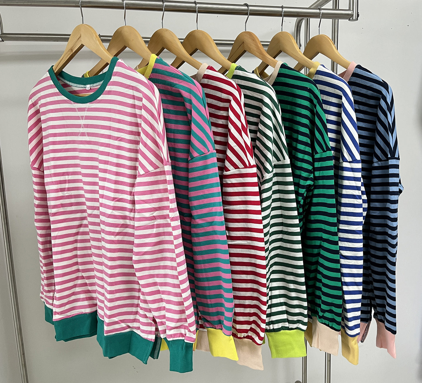 Striped Color-Block Slit Long-Sleeve Top - Multi-Color Casual Women's T-Shirt