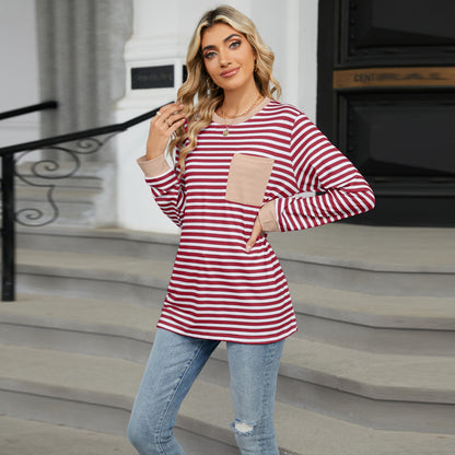 Striped Color-Block Pocket Long-Sleeve Top - Multi-Color Casual Women's T-Shirt