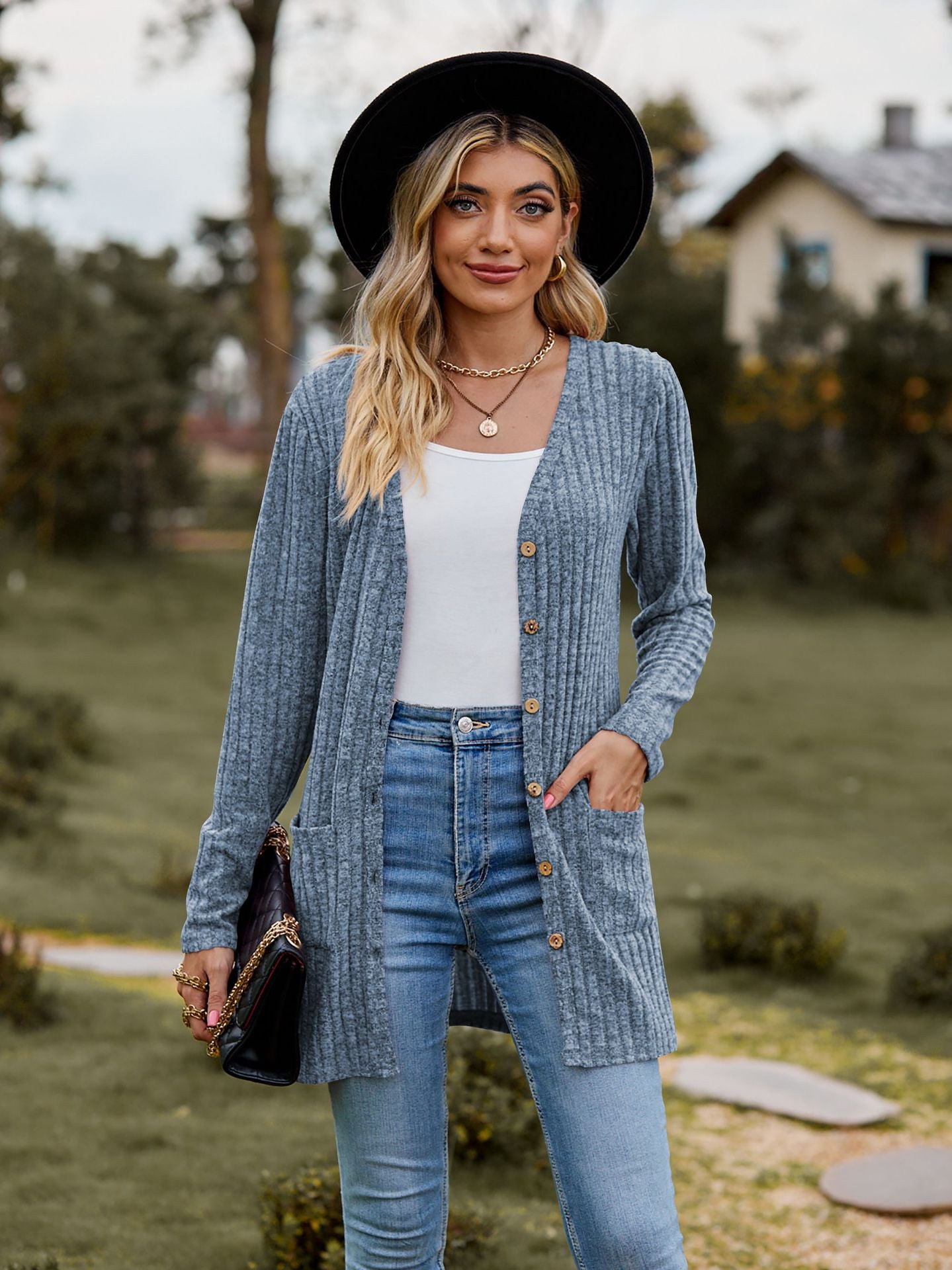 Rib - Knit Cardigan - Multi - Color Long Women's Knitwear