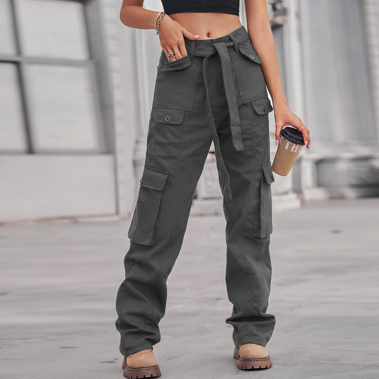 Belted Multi-Pocket Cargo Pant - Women's Loose Straight-Leg Trousers