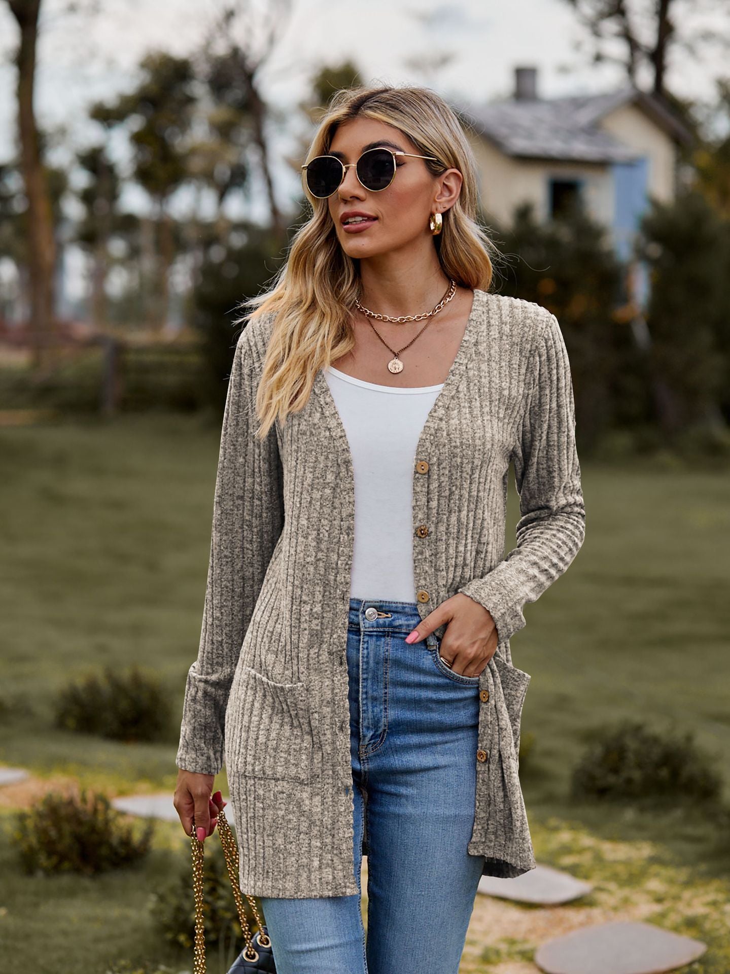 Rib - Knit Cardigan - Multi - Color Long Women's Knitwear