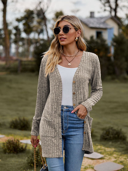 Rib - Knit Cardigan - Multi - Color Long Women's Knitwear