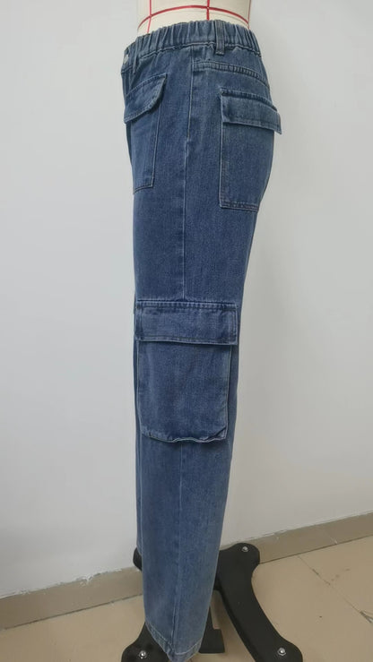 Multi - Pocket Cargo Denim Pant - Loose Straight Women's Trousers