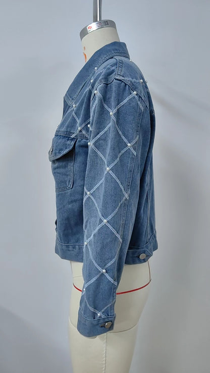 Argyle Pattern Denim Jacket - Blue Quilted Women's Outerwear