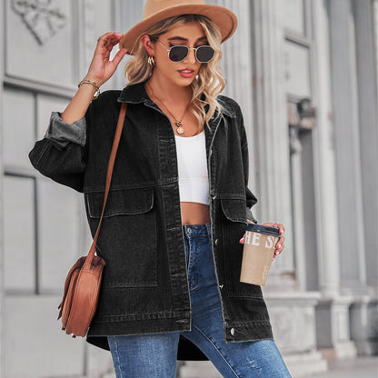 Square-Pocket Cargo Denim Jacket - Loose Women's Outerwear