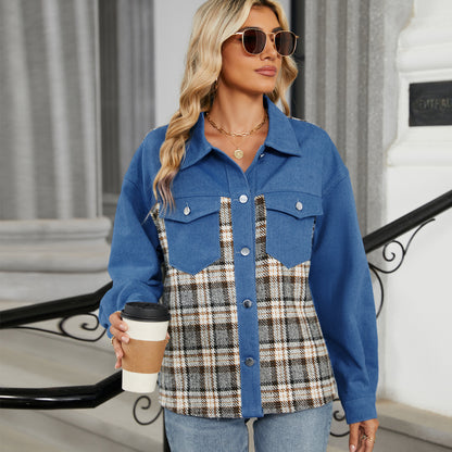 Plaid Patchwork Denim Jacket - Women's Loose Long-Sleeve Outerwear