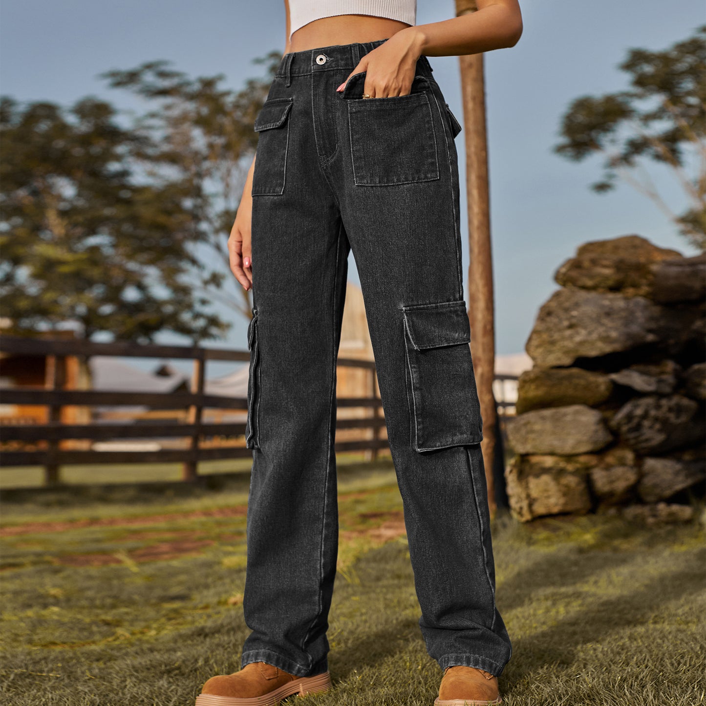 Multi - Pocket Cargo Denim Pant - Loose Straight Women's Trousers