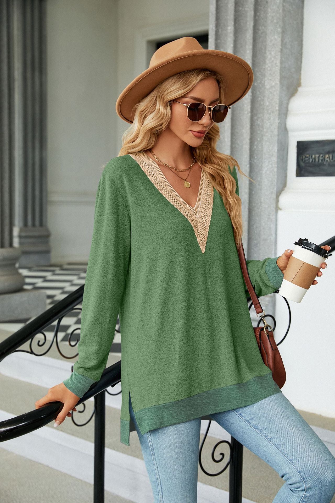 Lace-Embellished V-Neck Top - Multi-Colored Long-Sleeve Women's T-Shirt