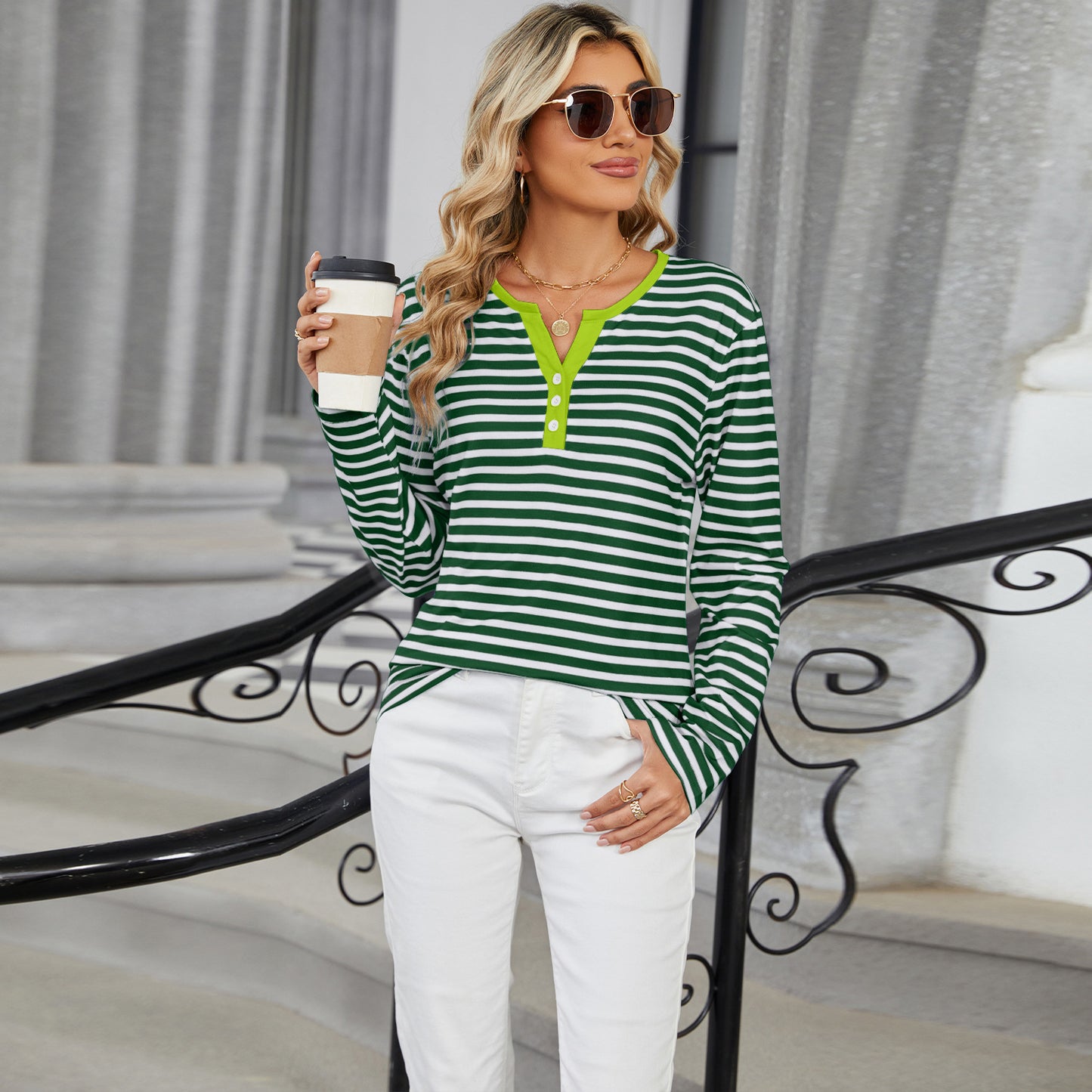 Striped Color-Block V-Neck Long-Sleeve Top - Multi-Color Button Women's T-Shirt