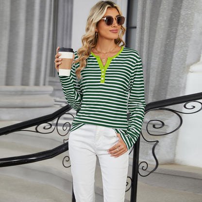 Striped Color-Block V-Neck Long-Sleeve Top - Multi-Color Button Women's T-Shirt